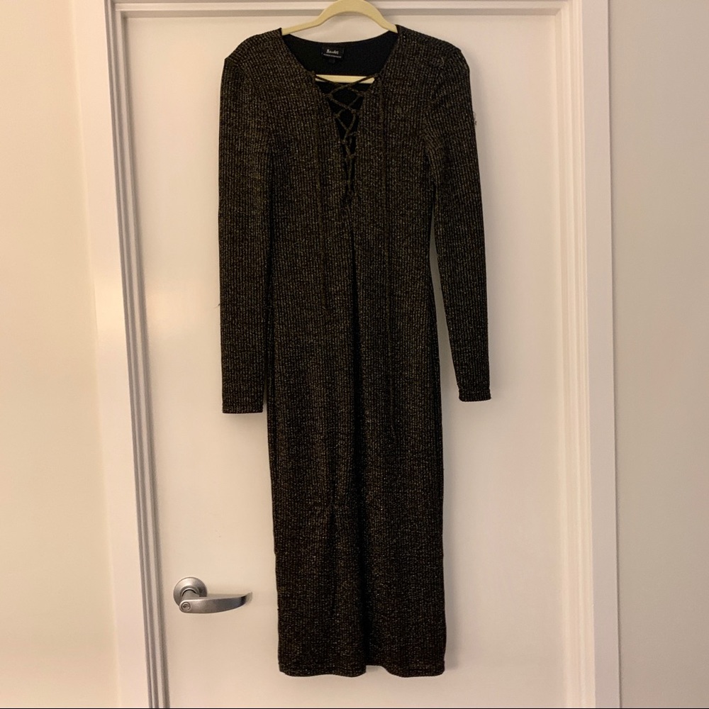 Gold shimmer Bardot knit dress w/ front tie